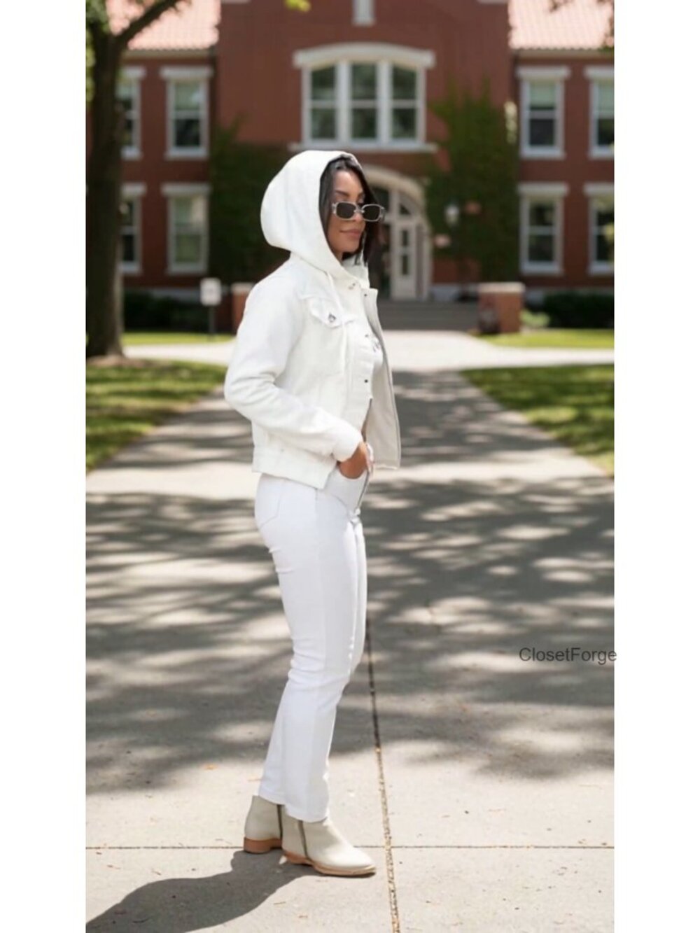 Double-Breasted Denim Jacket with Pockets - Oversized Hooded Coat - Picture 6 of 6